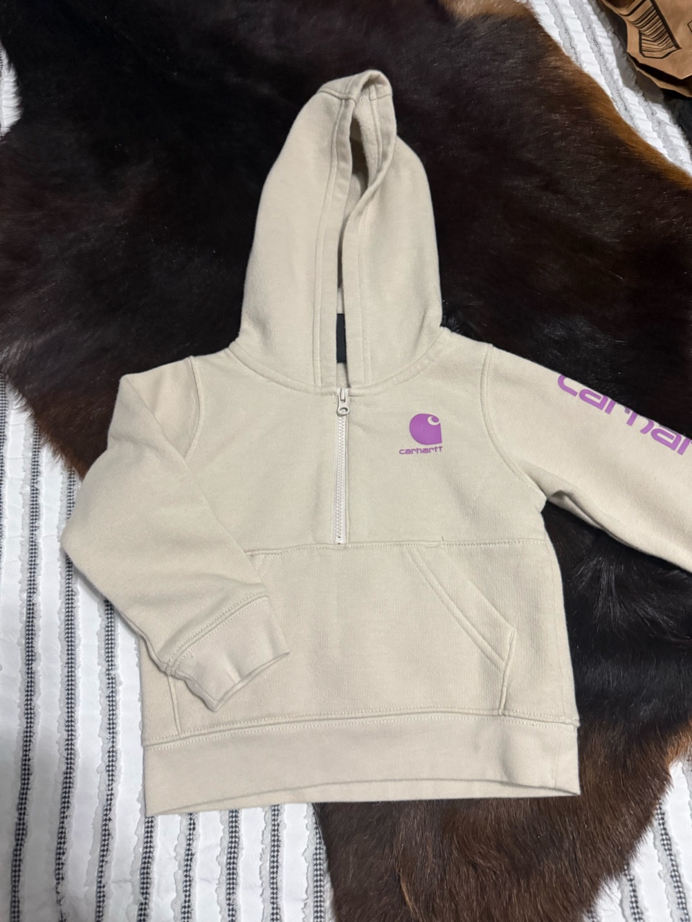 Carhartt baby girl Cream Zip Hoodie with Purple Logo